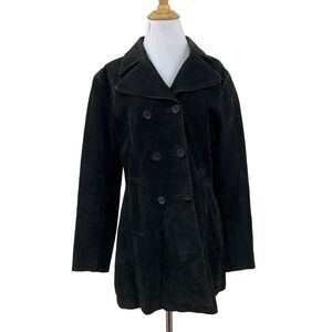 Maxima Leather Button Up Peacoat Jacket Womens M Medium Black Nylon Lined Notch